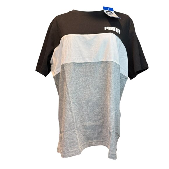 Puma Men’s Colorblock Logo Tee Shirt Black White Gray Size Youth L NWT - Picture 1 of 6